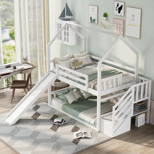 Twin Over Twin Bunk Bed with Slide and Stairs and Storage Shelves
