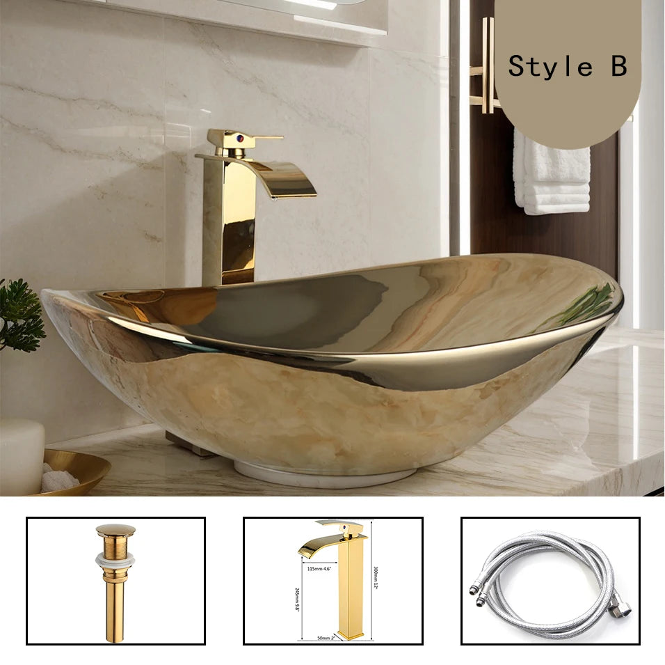 Gold Ceramic Luxury Bathroom Vessel Sink Set