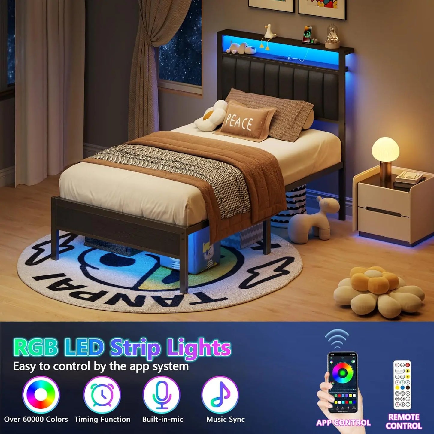 Twin Size Bed Frame with Charging Station and LED Lights