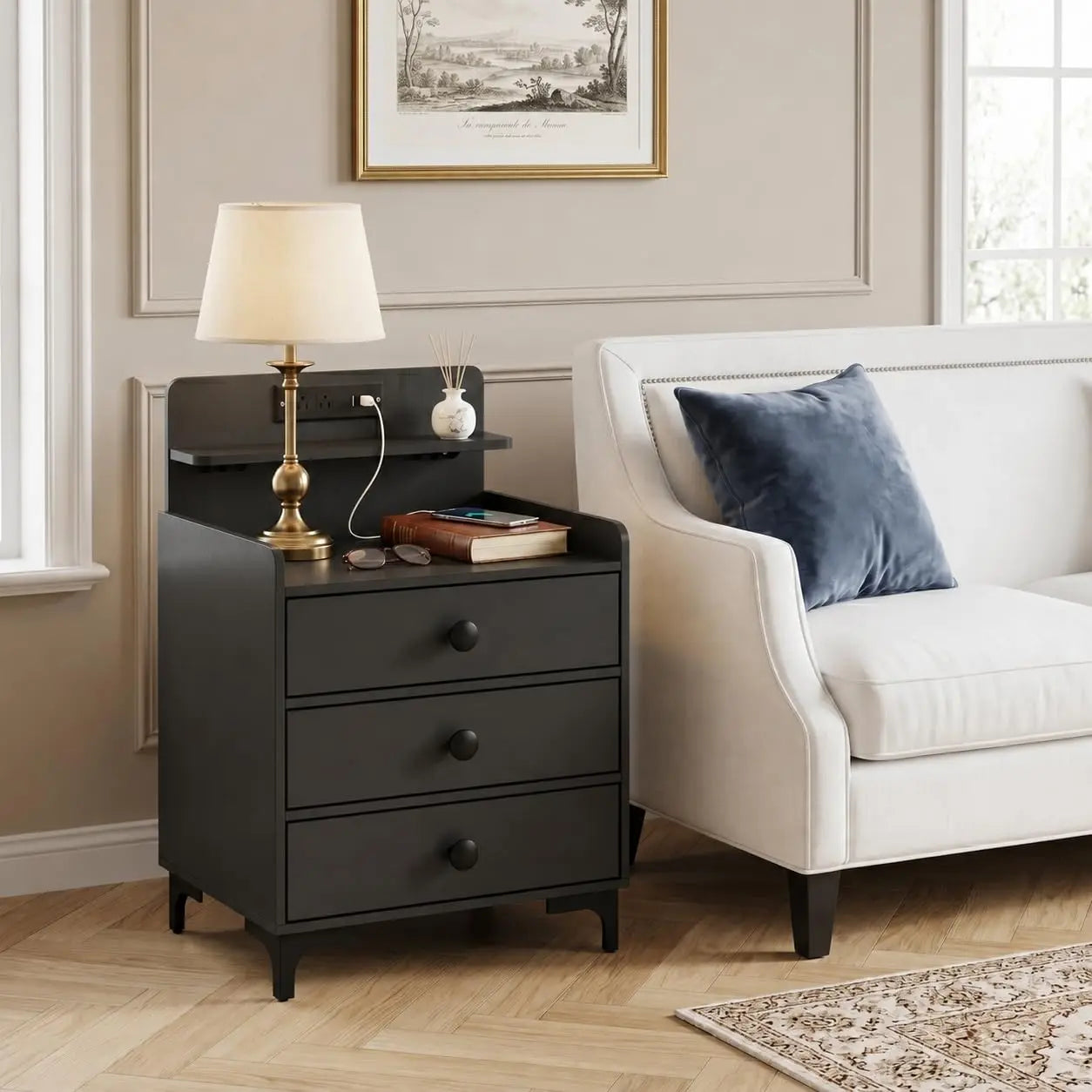 Nightstand With Charging Station, USB Ports and Open Storage Shelf