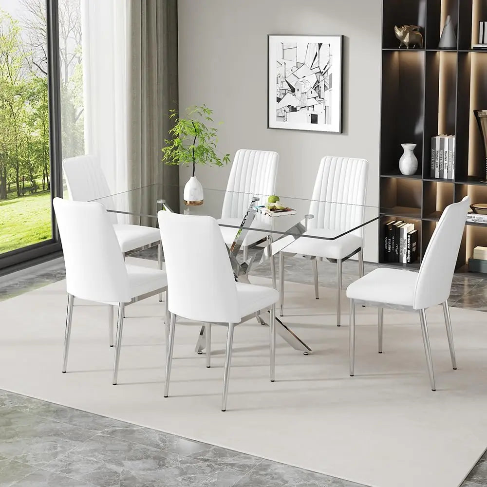 Leather Upholstered Seat High Back & Sturdy Chrome Silver Legs Set