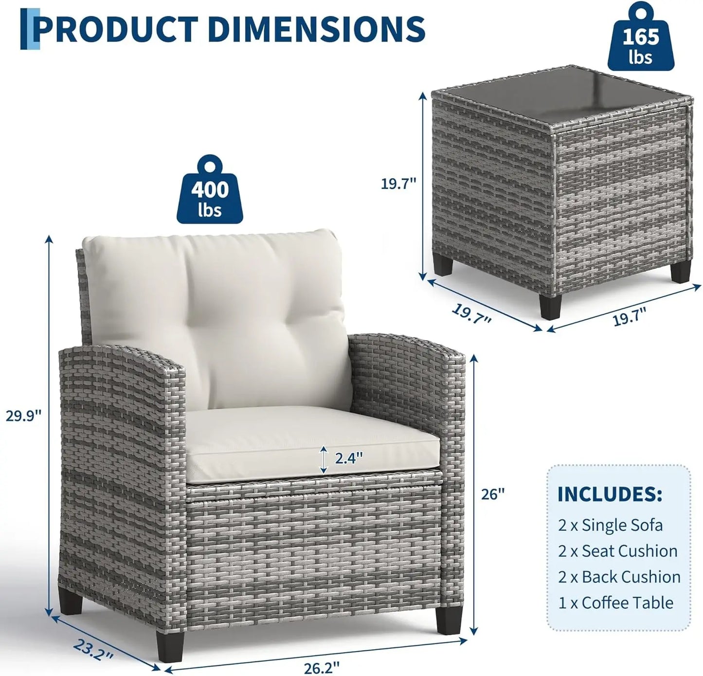 Rattan Patio Chairs and Table Set with Tempered Glass Tabletop and Cushions