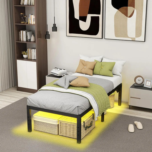 Twin Platform Bed Frame with Storage and LED Lights & Charging Station