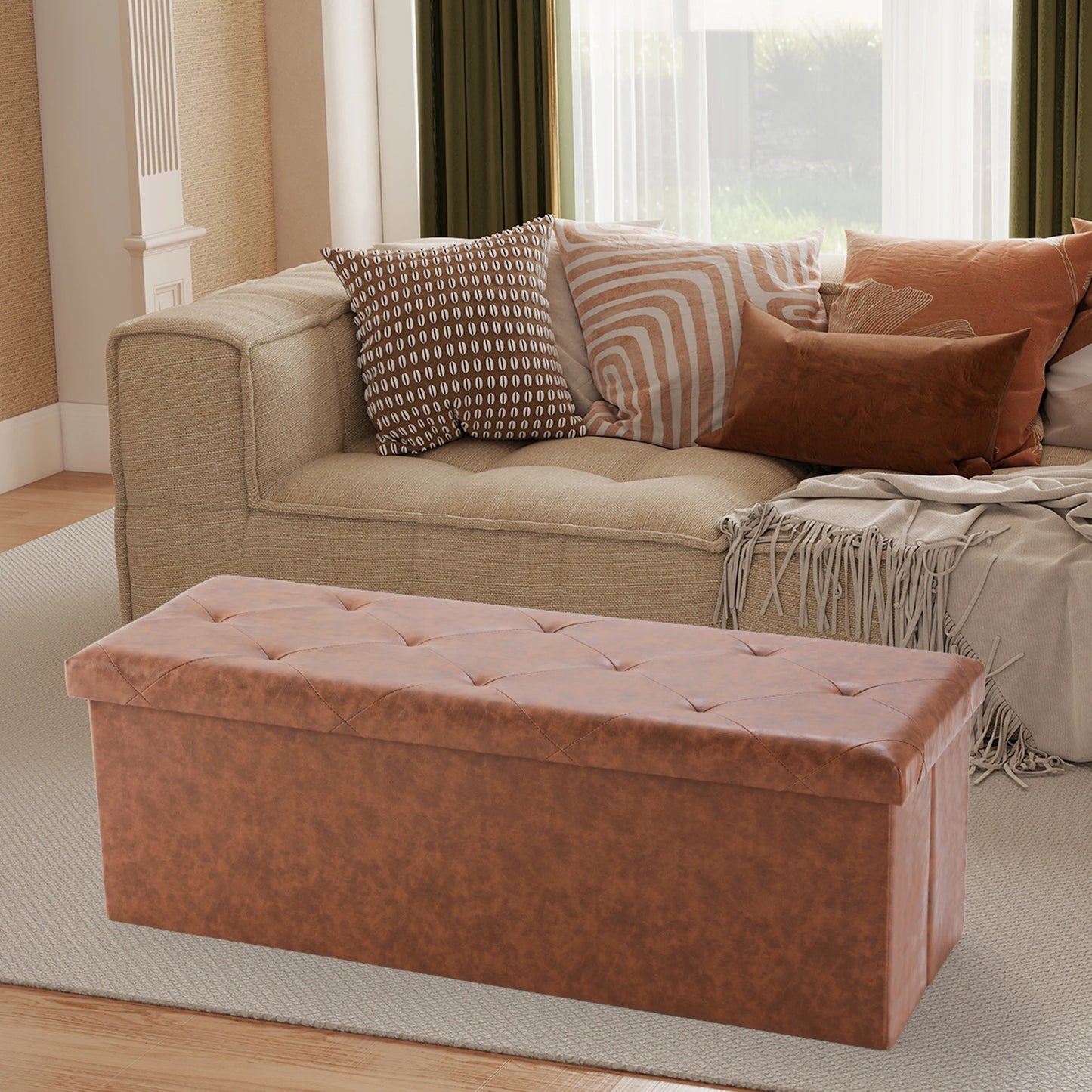 Leather Folding Ottoman Storage Footstool Bench