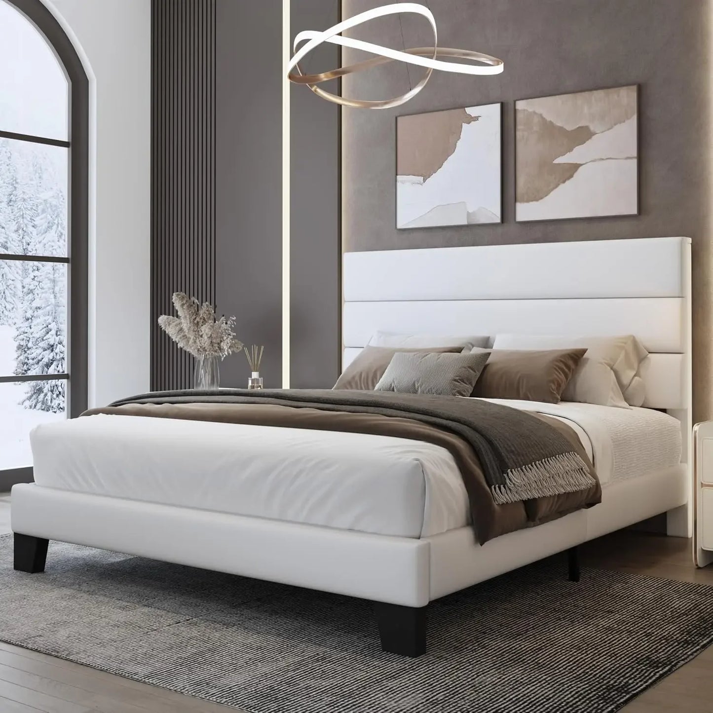 Wooden Slats Platform Linen Fabric Headboard - Bedroom Furniture