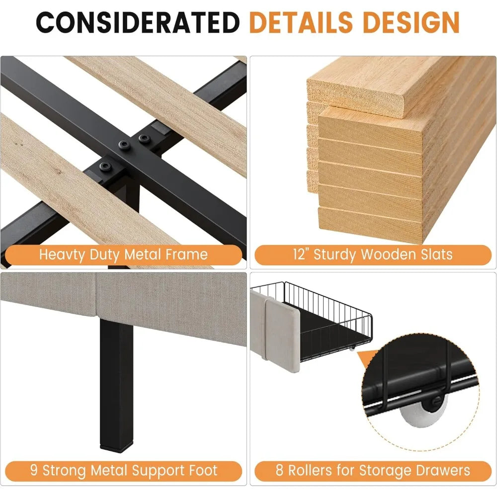 Mattress Foundation with Solid Wooden Slats Support with Storage Drawers
