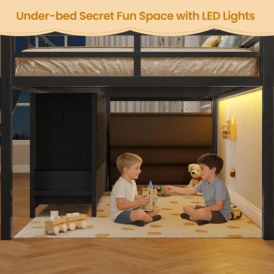 Metal Low Loft Twin Bed, Bookshelf, Cubbies, LED Guardrail, and Ladder