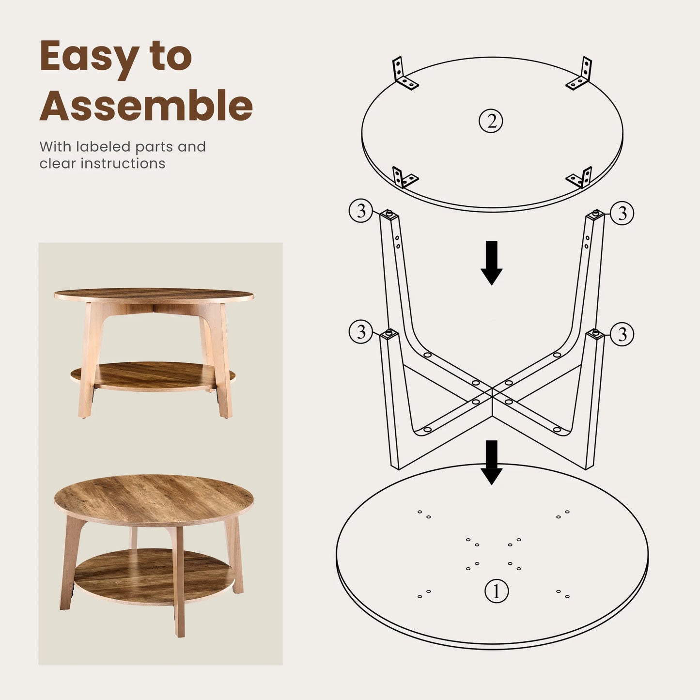 Wood Round Coffee Table with Storage Capacity