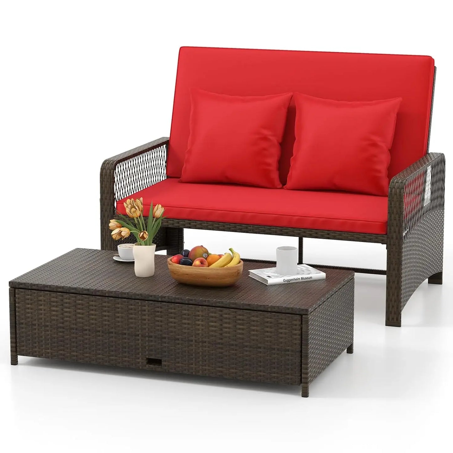 Rattan Daybed Loveseat with Adjustable Backrest & Ottoman and Zipped Cushion