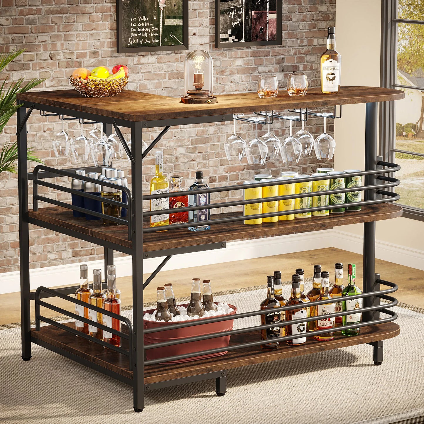 Dining Room 3 Tier Liquor Bar Table with Storage Shelves and Wine Glasses Holder