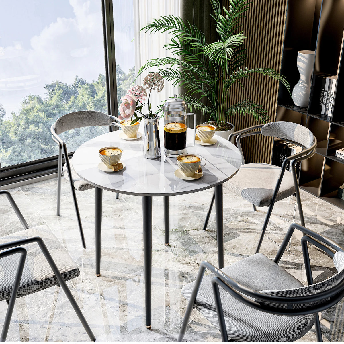 Sintered Stone Round Dining Table with Black Metal Legs