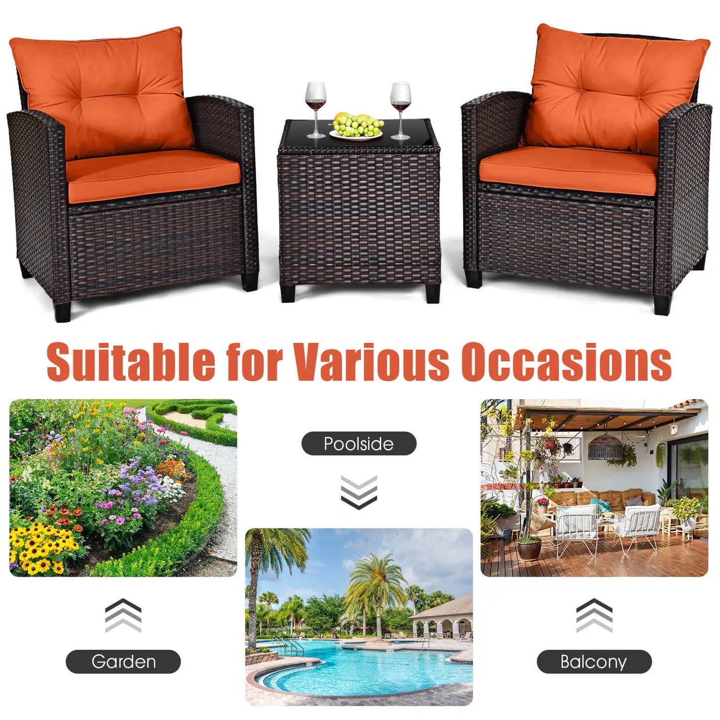 3 PCS Patio Rattan Cushioned Conversation Furniture Set