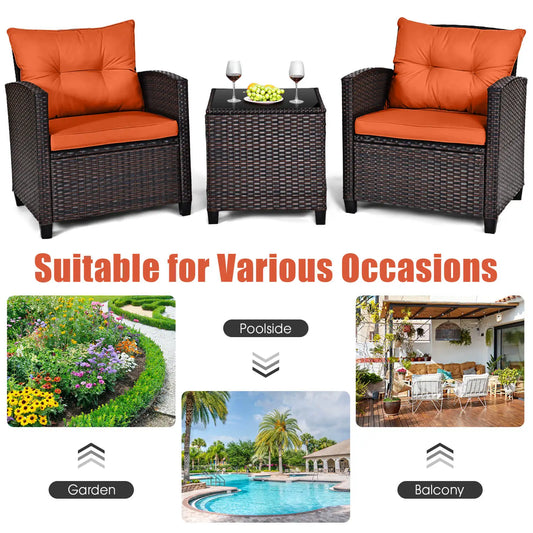3 PCS Patio Rattan Cushioned Conversation Furniture Set