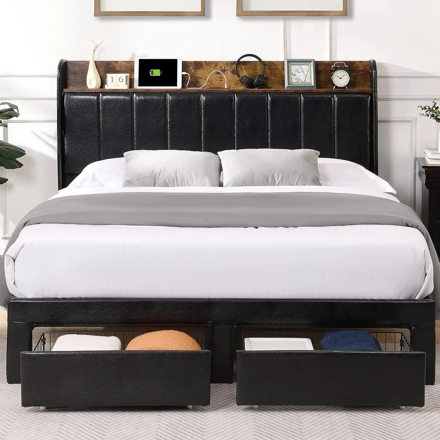 Upholstered Platform Bed Frame with Charging Station