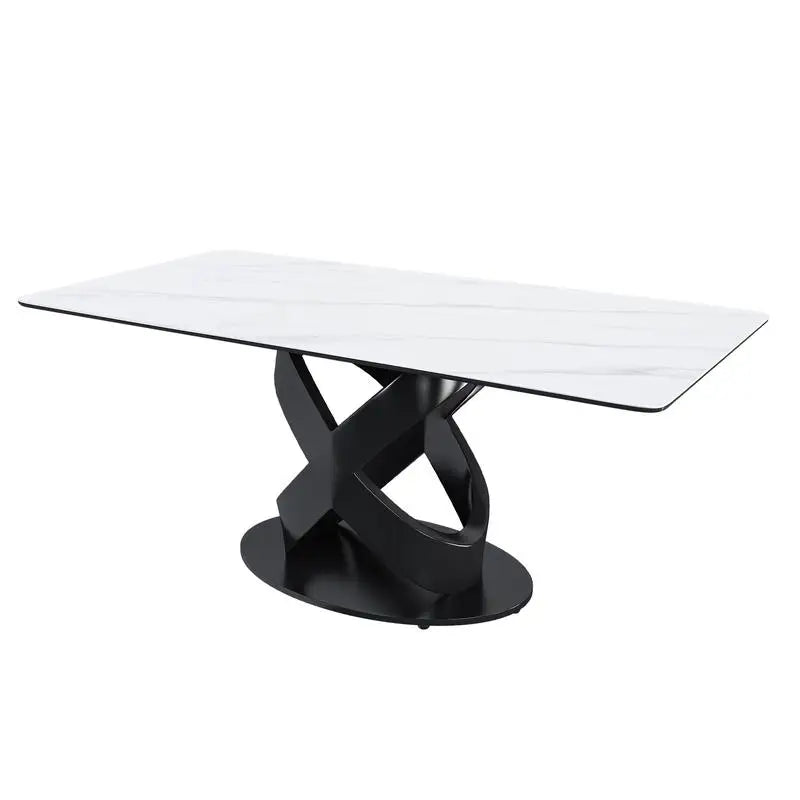 Modern Luxury Rectangular Dining Table with Centered Stone Top and Carbon Steel Base