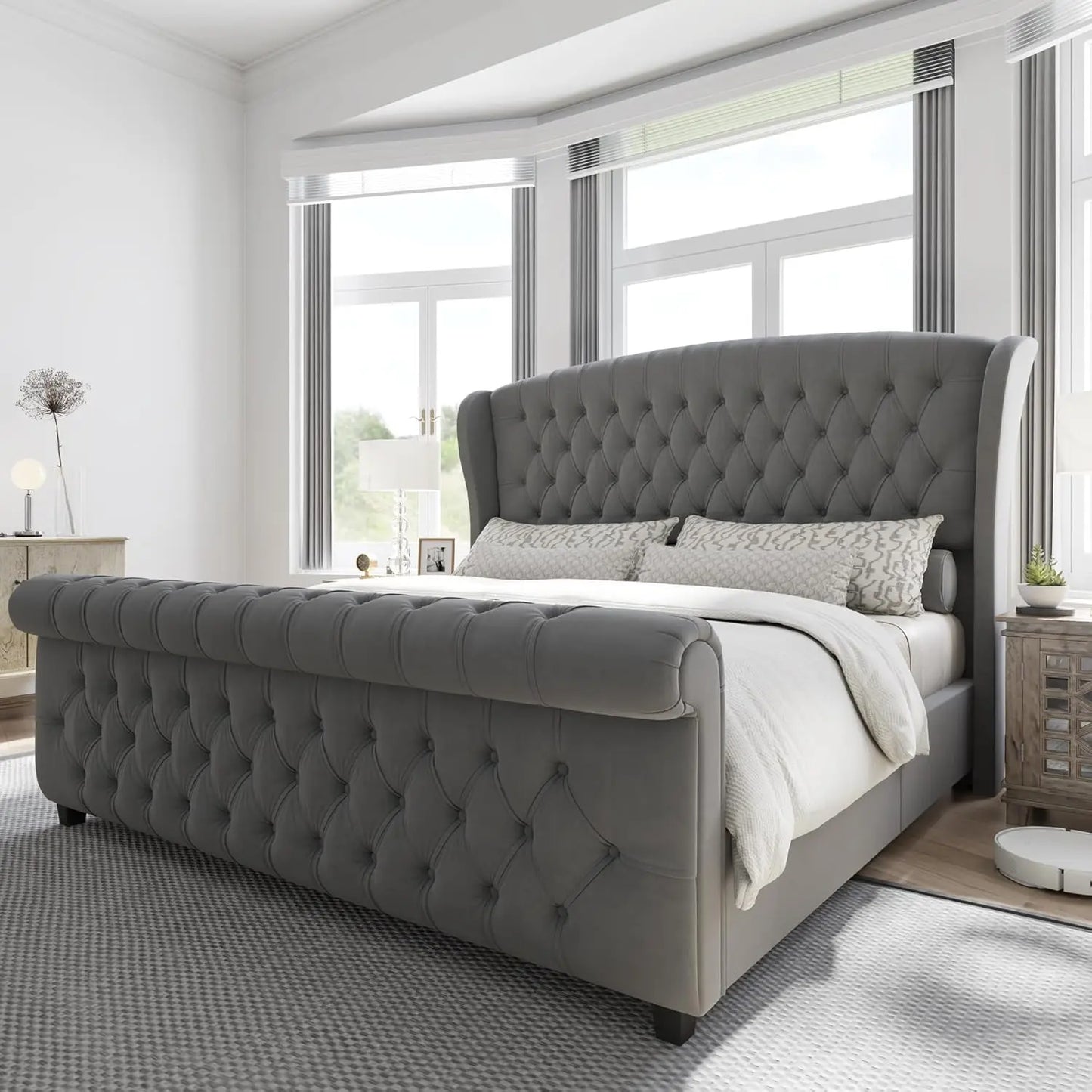 Upholstered Sleigh Bed with Scroll Wingback Headboard & Footboard/Button