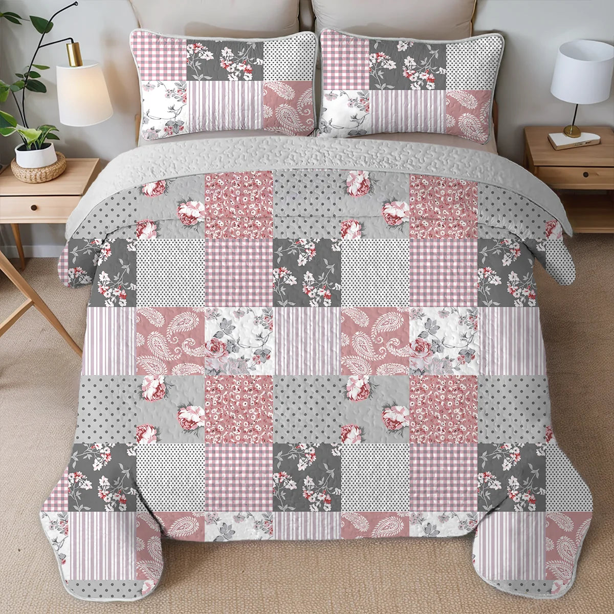 Unique Summer Geometric Grid Printed Quilt Set
