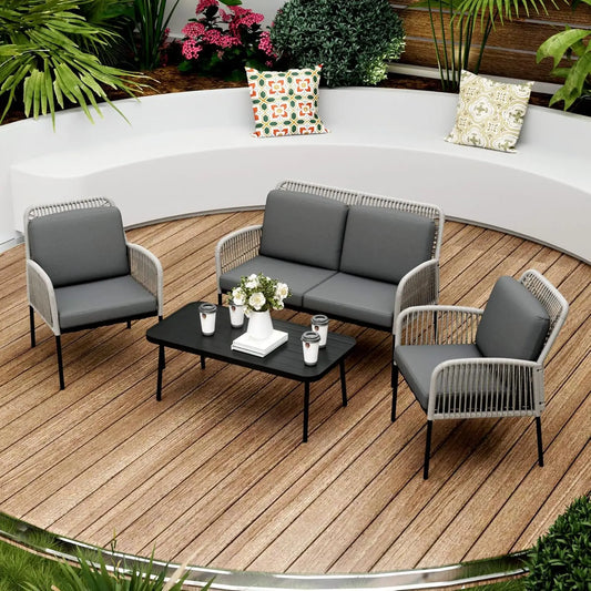 Outdoor Conversation Set with 2 Wicker Chair& Loveseat Sofa