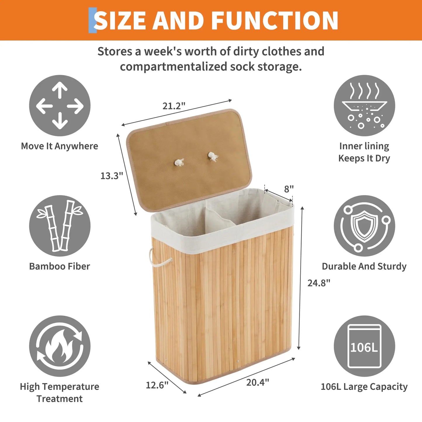 Bamboo Laundry Hamper with Foldable Storage Basket & Lid/Handles