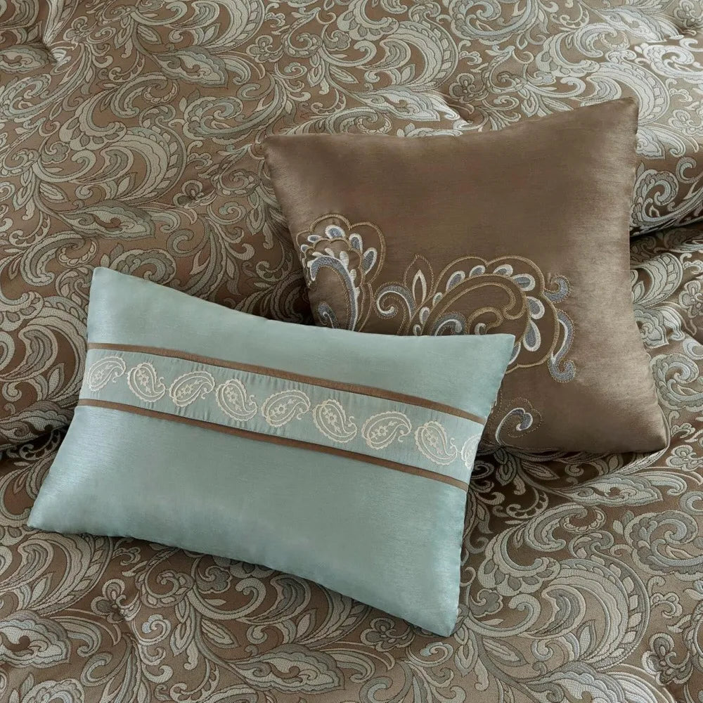 Essentials 24-Piece Faux Silk Comforter Set with Paisley Jacquard Design and Matching Curtains