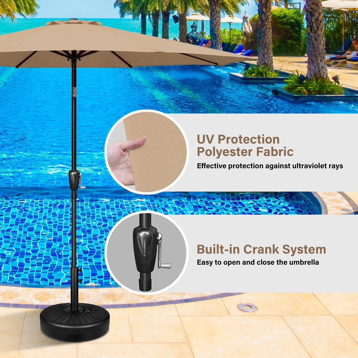 Patio Umbrella with, Push Button Tilt and Crank
