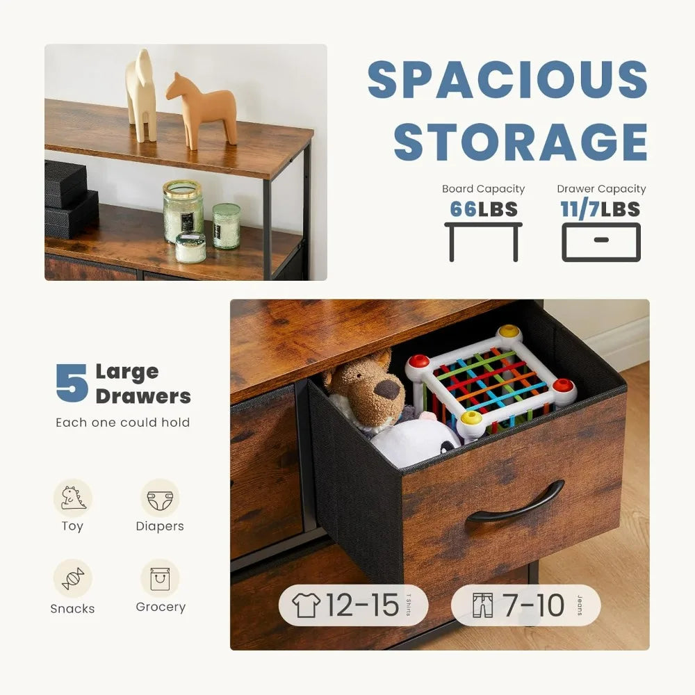 TV Stand Dresser with 5 Fabric Storage Drawers Media Console