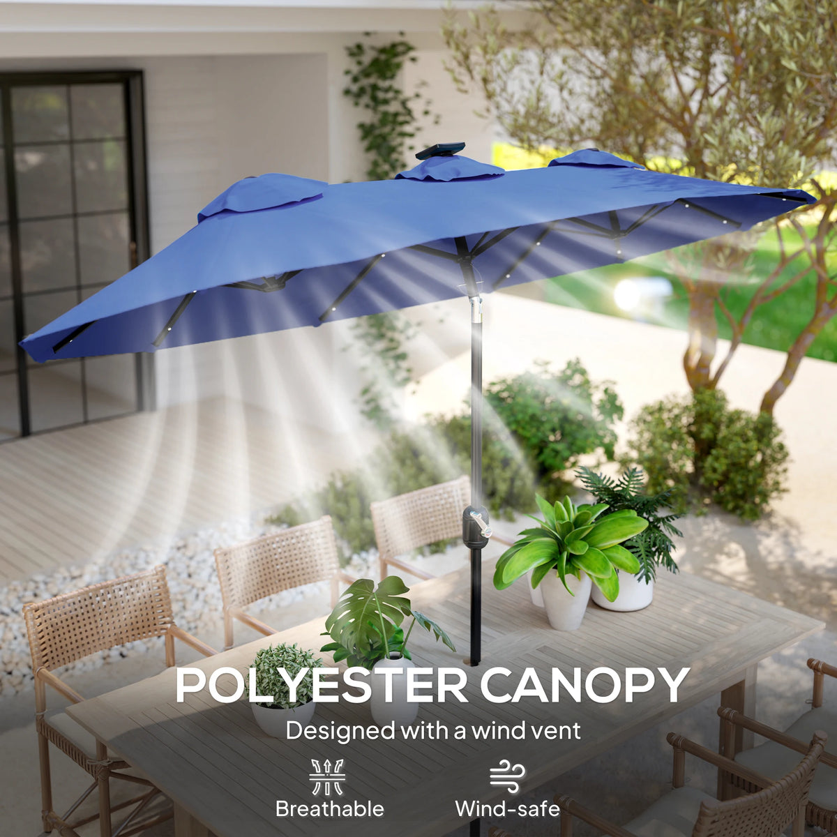 Double-Sided Patio Umbrella with LED Solar Light, Tilt