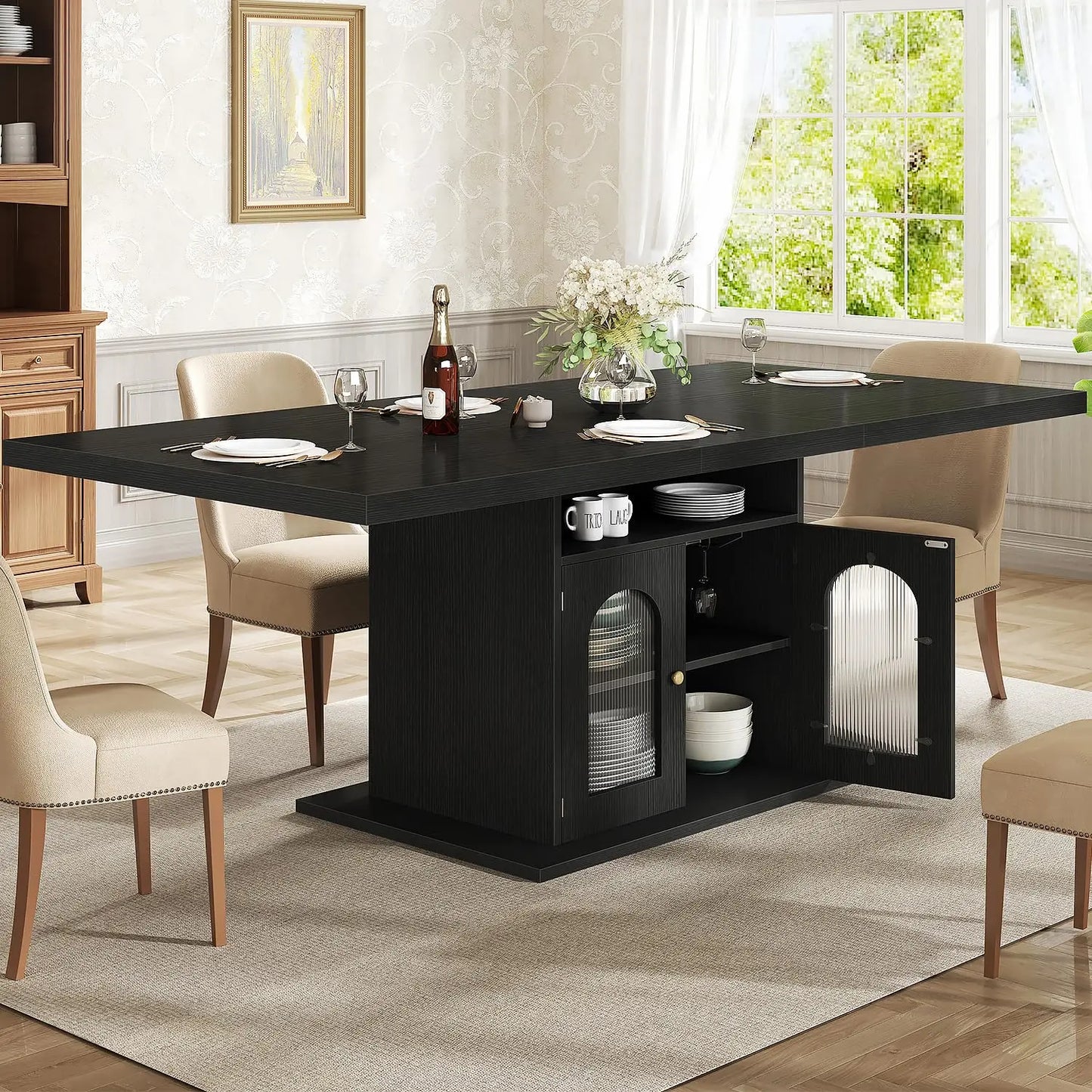 Rectangle Dining Table with Faux Marble Top Storage Shelves Cabinet