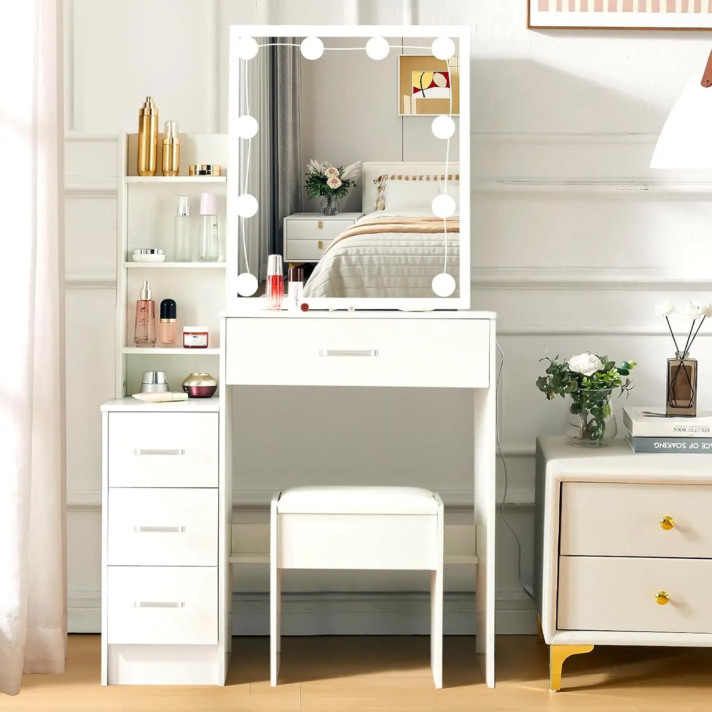 Vanity Desk with LED Mirror Lights, Shelves and Stool