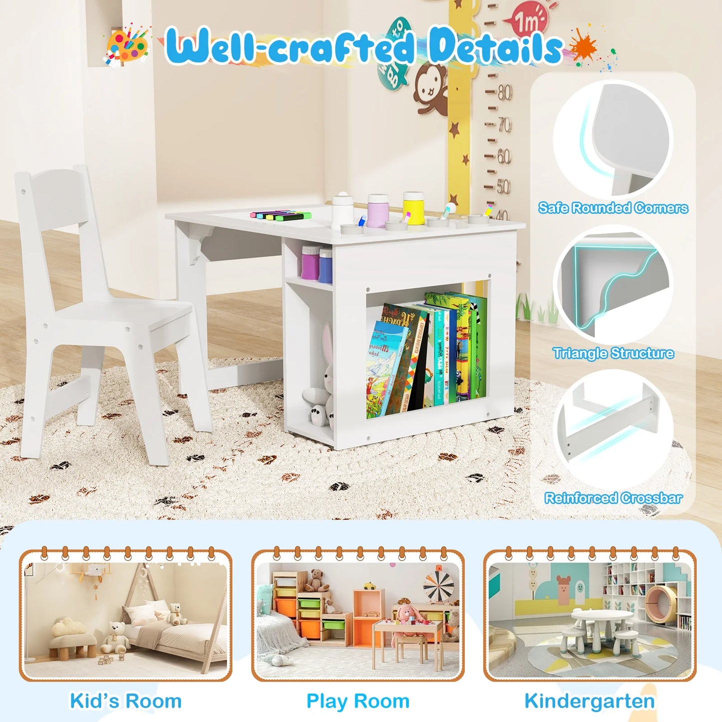 Art Table & Chair Set with Paper Roll 4 Paint Cups & 2 Storage Shelves