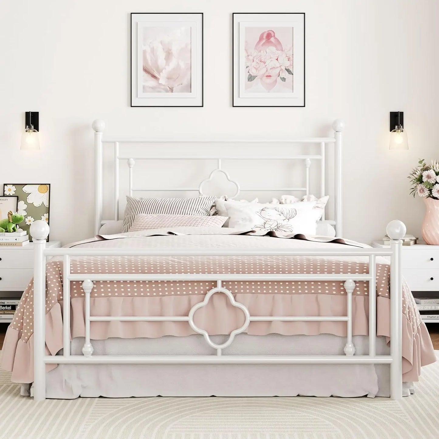 Metal Platform Bed Frame with Vintage Headboard with Under-Bed Storage