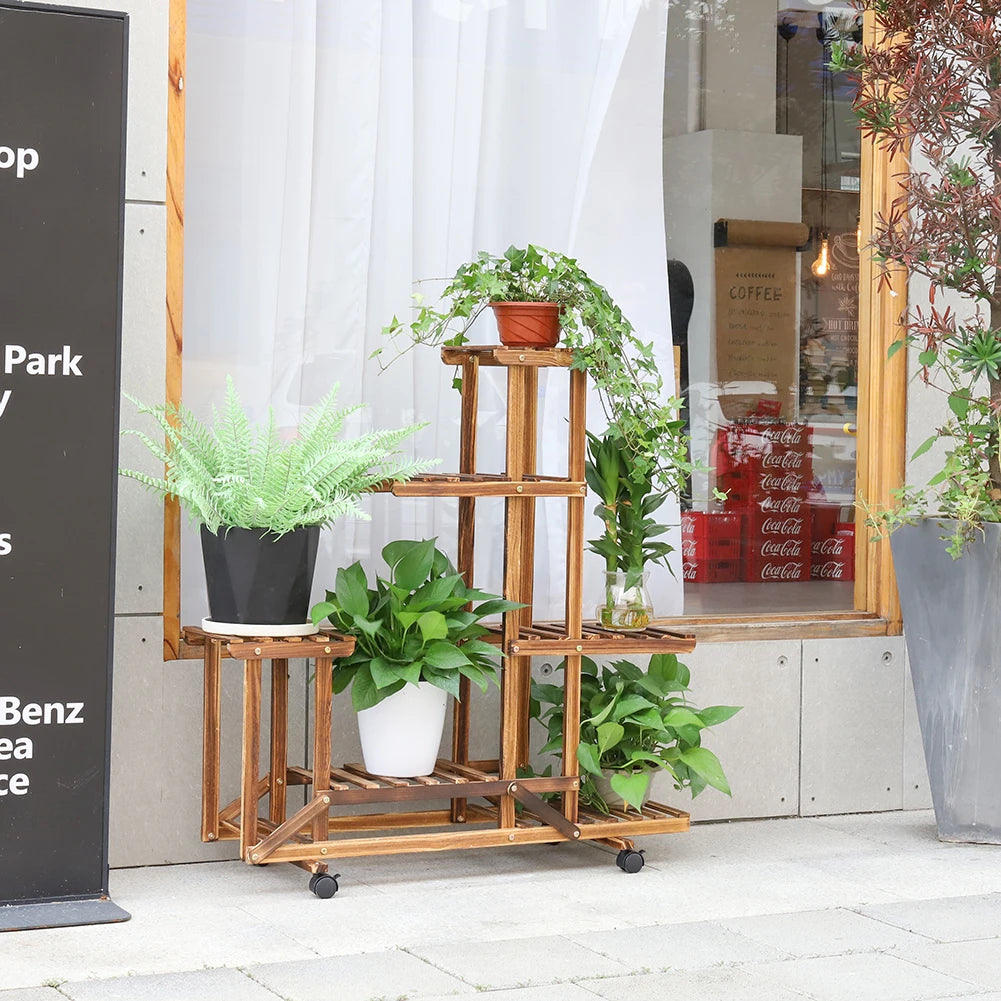 Multi-Layer Wood Plant Stand Rack with Wheels