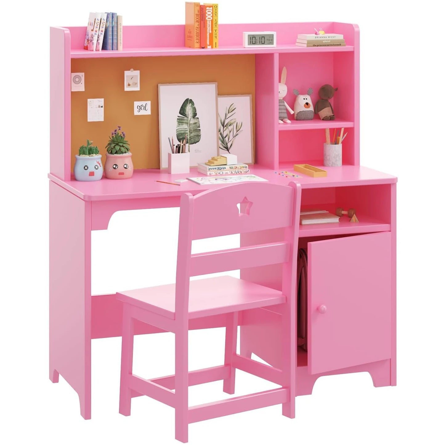 Wooden Student Writing Table Computer Workstation with Hutch Storage Cabinet