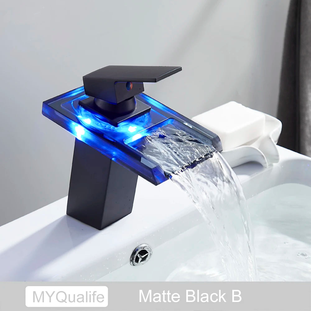 Luxury LED Color Changing Waterfall Basin Sink Faucet Single Handle Deck Mounted Hot and Cold Mixer Taps