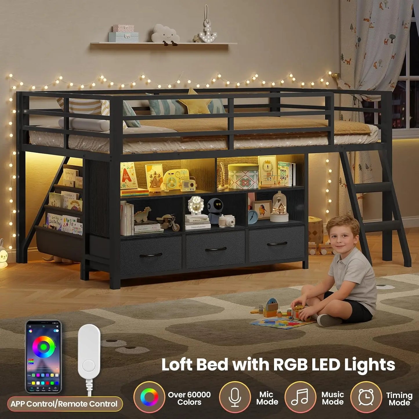 Metal Low Loft Twin Bed, Bookshelf, Cubbies, LED Guardrail, and Ladder