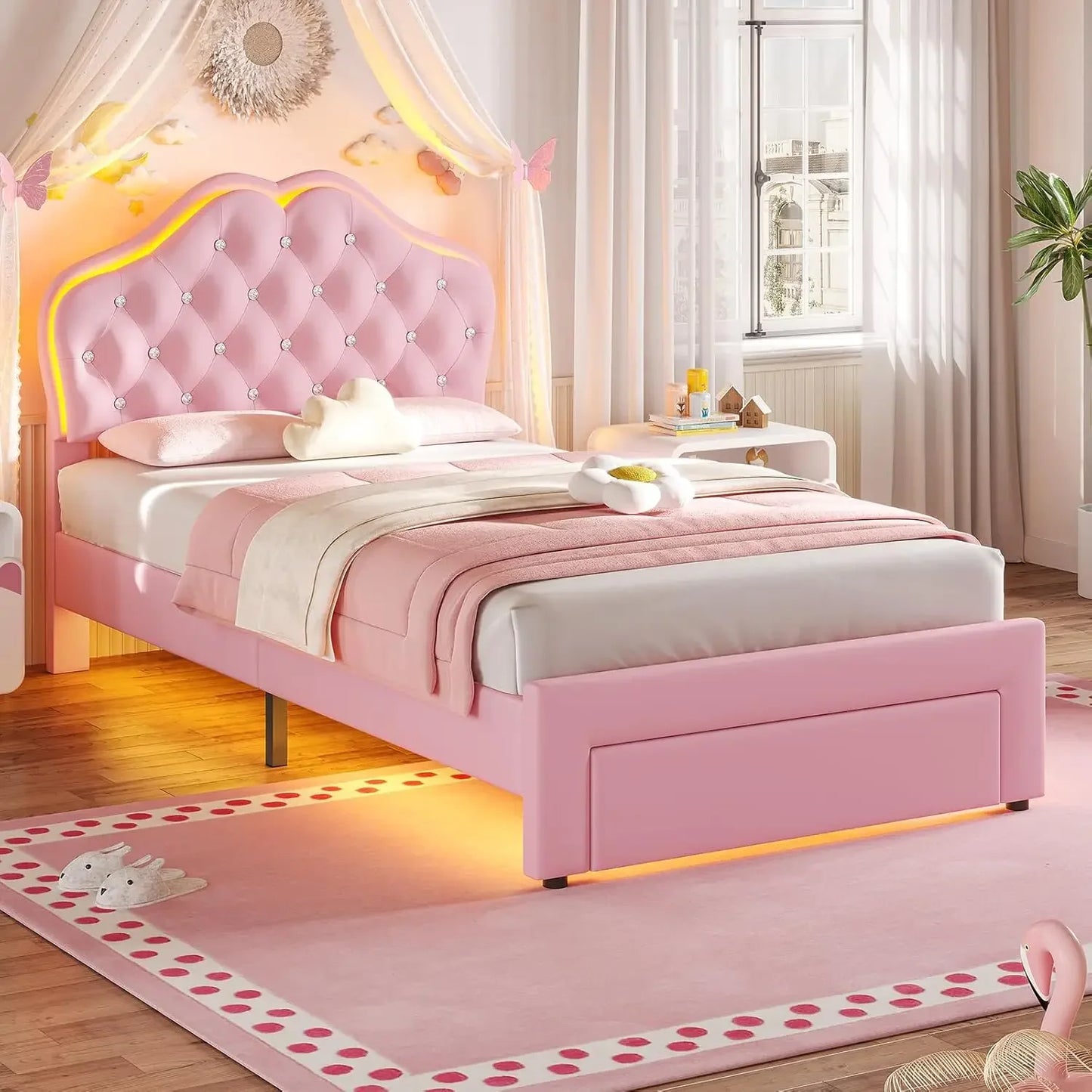Twin Size Girl Bed with Storage Drawer & LED Lights