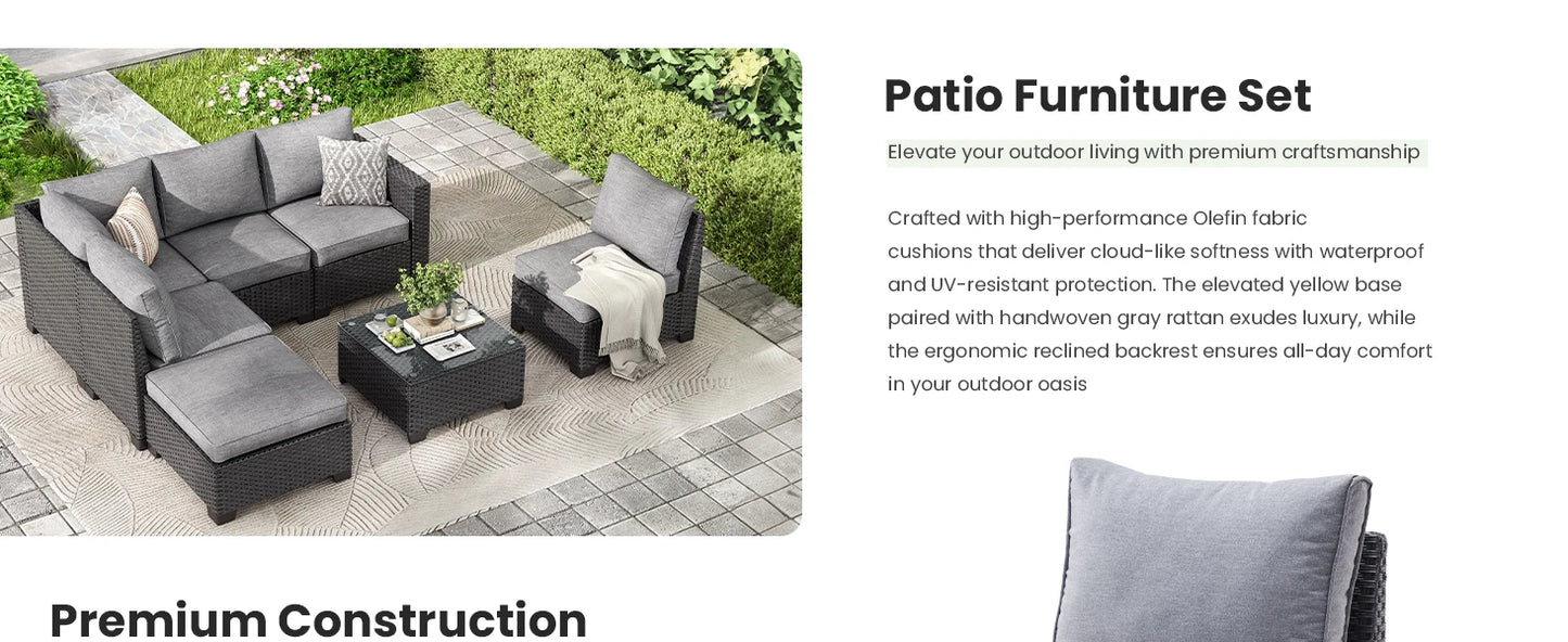Patio Sectional Sofa Set with Ottoman, Water/Oil/Stain-Resistant Fabric