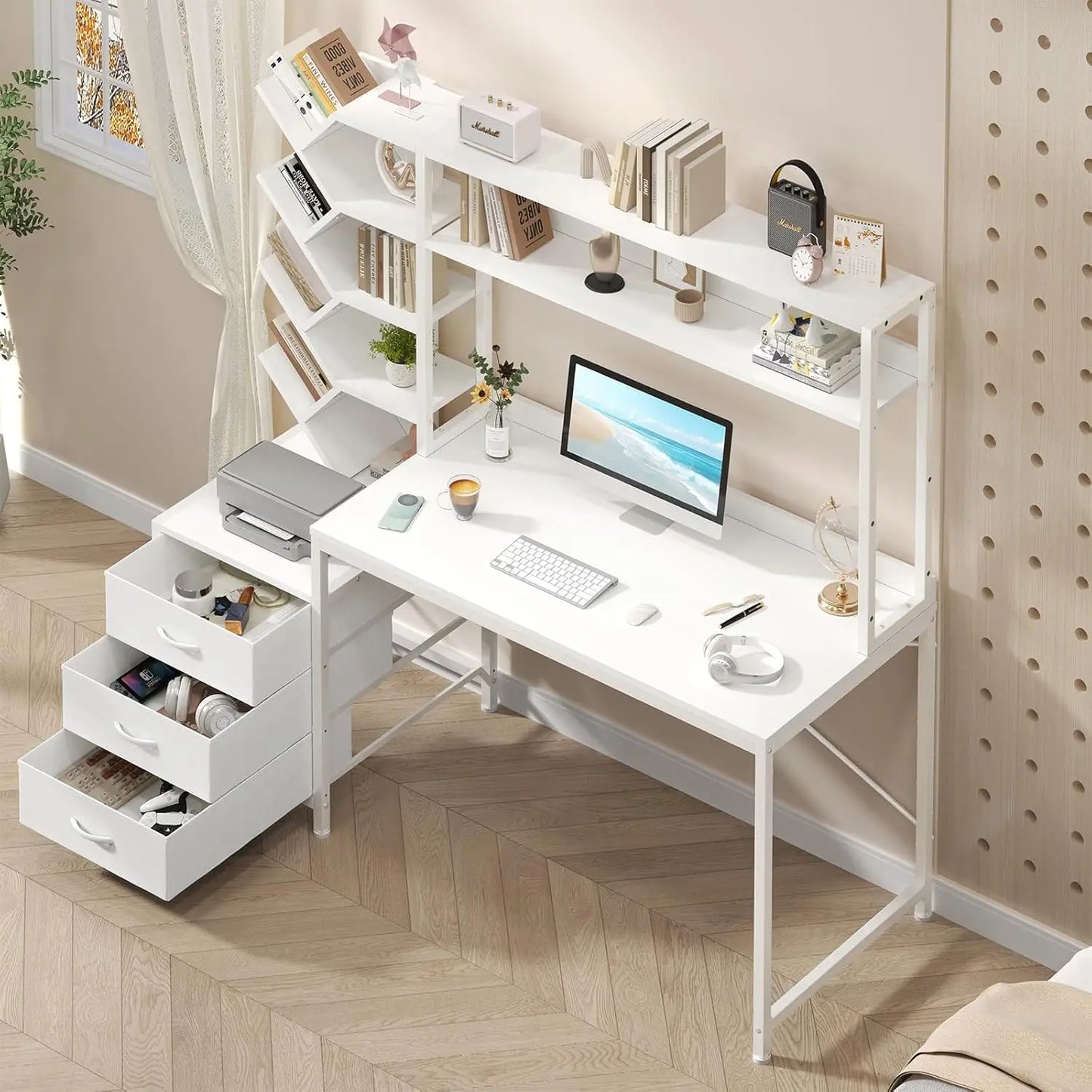 Reversible Computer Desk with Hutch Drawers Bookshelf Storage