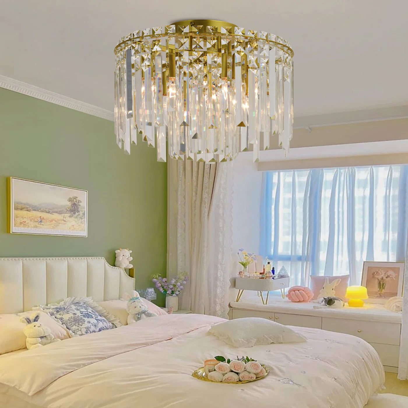 Luxury Gold Crystal Flush Mount Teardrop Crystal Chandelier