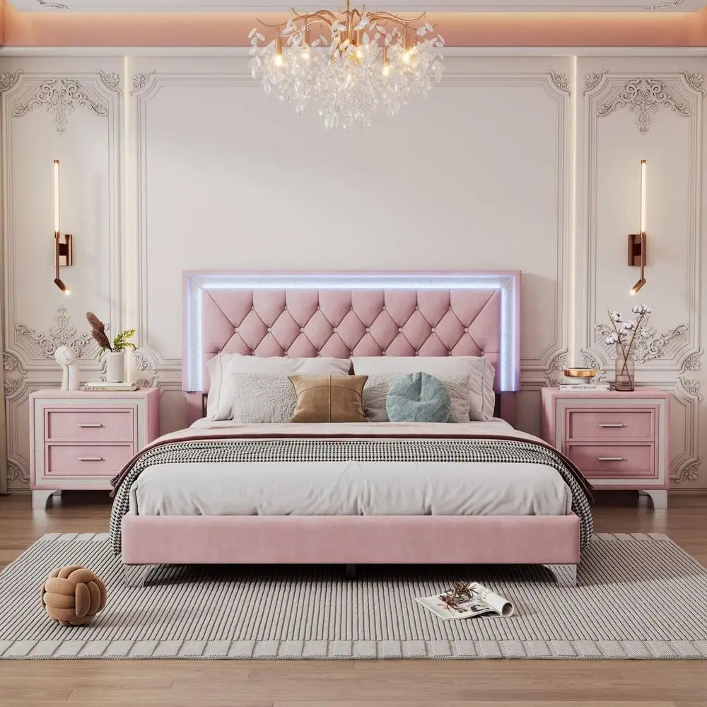 Upholstered Platform Bed with LED Lights and 2 Nightstands