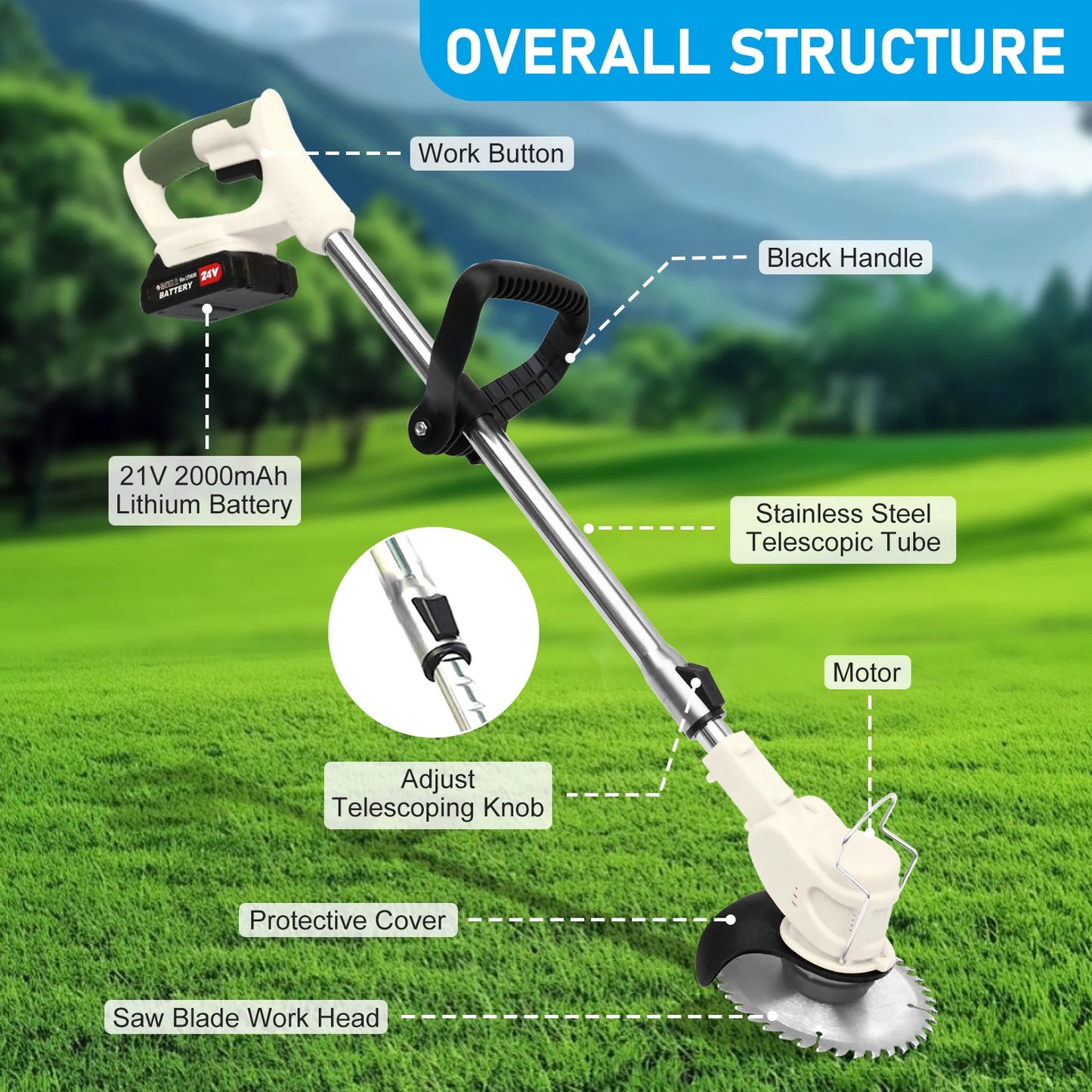 Cordless Grass Trimmer Electric Lightweight with Lithium-ion Batteries