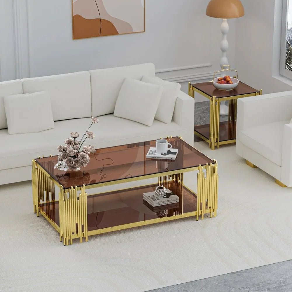 Modern Luxury Stainless Steel Gold Glass Coffee Table
