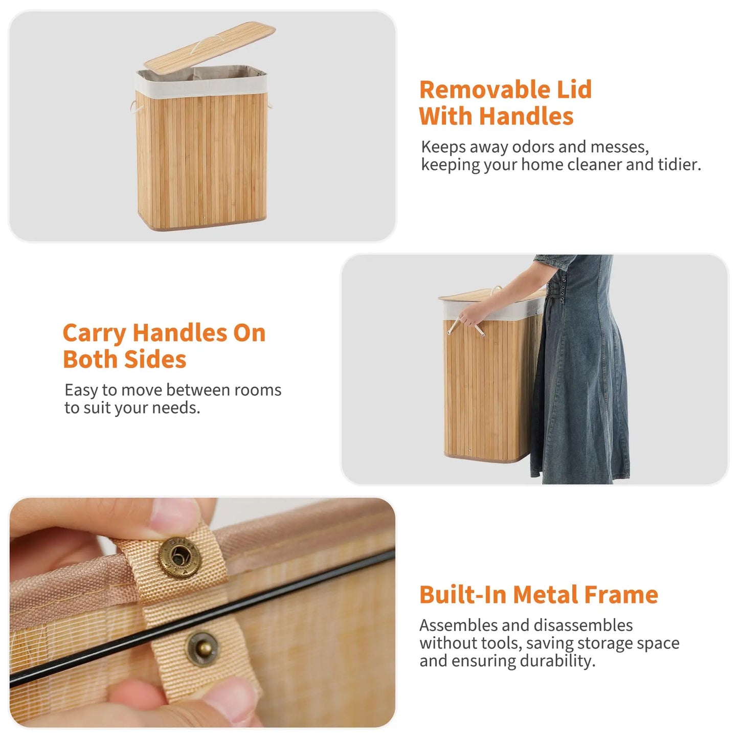Bamboo Laundry Hamper with Foldable Storage Basket & Lid/Handles