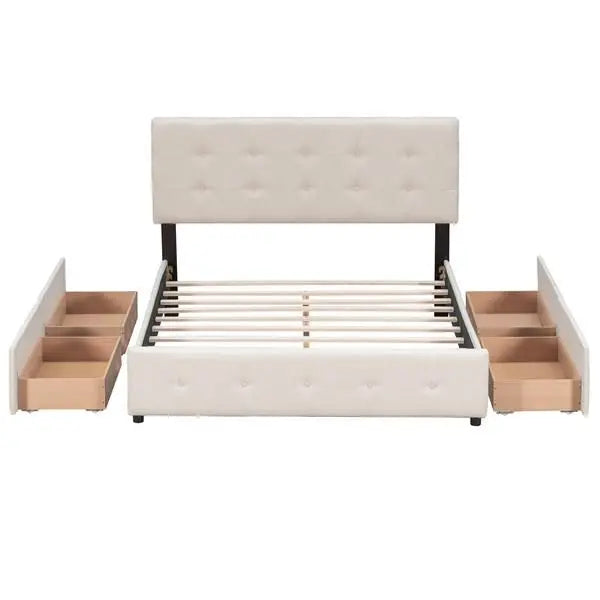 Upholstered Platform Bed/Classic Headboard/4 Drawers/No Box Spring Needed