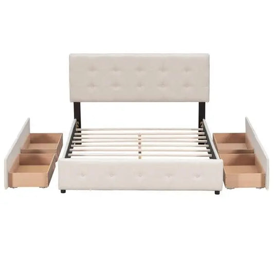 Upholstered Platform Bed/Classic Headboard/4 Drawers/No Box Spring Needed