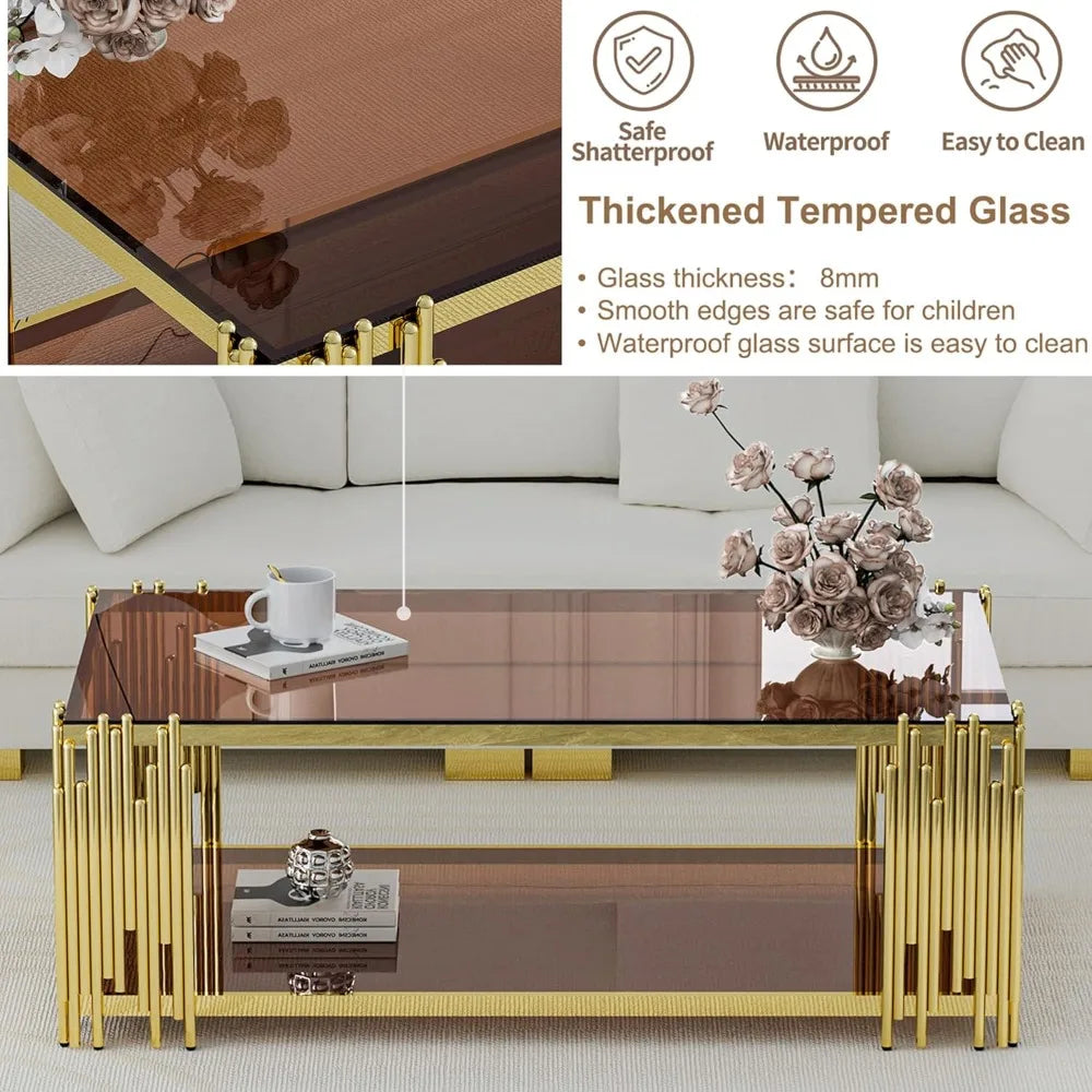 Modern Luxury Stainless Steel Gold Glass Coffee Table