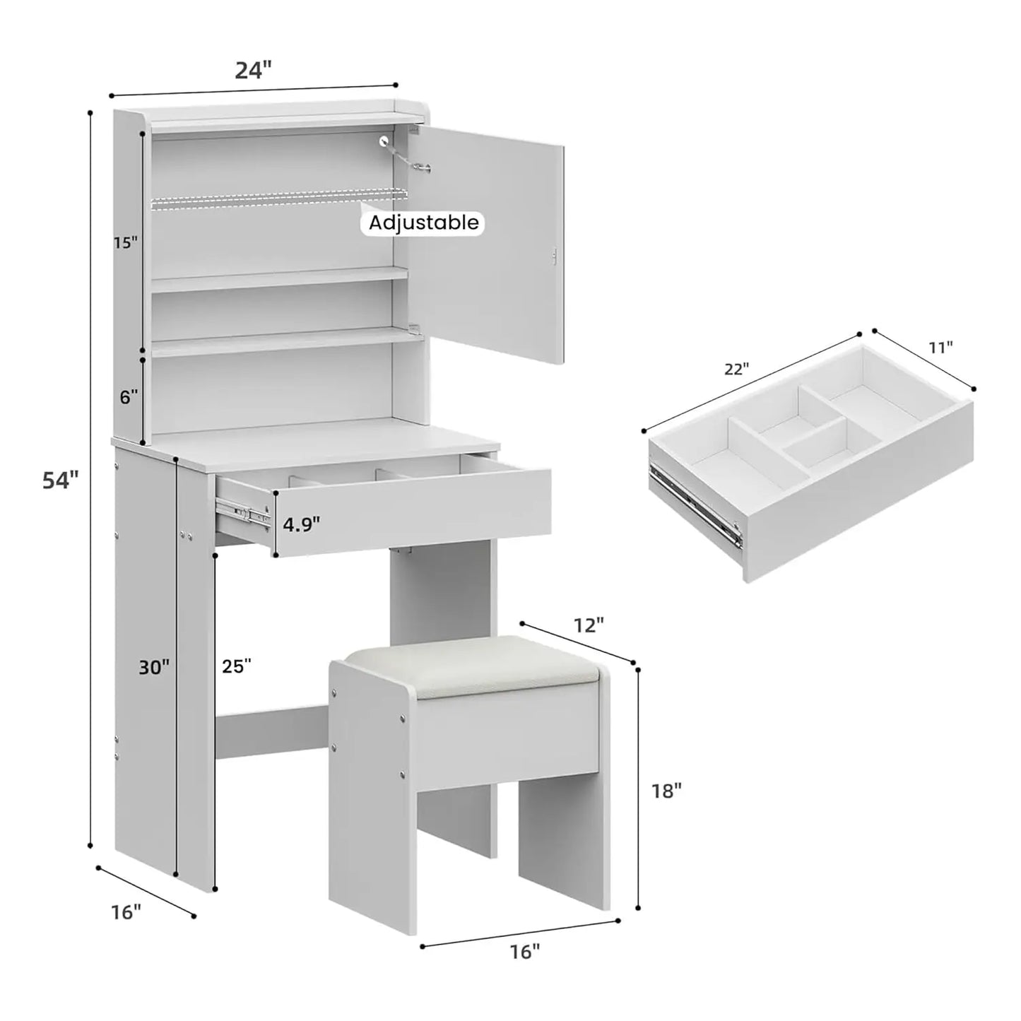 Vanity Desk Lighted Mirror with Charging Station and Storage Shelf