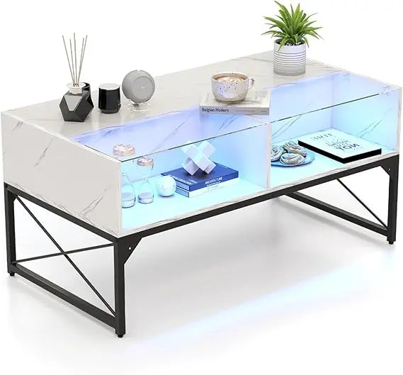 High Glossy LED Center Coffee Table with 4 Storage Cubes