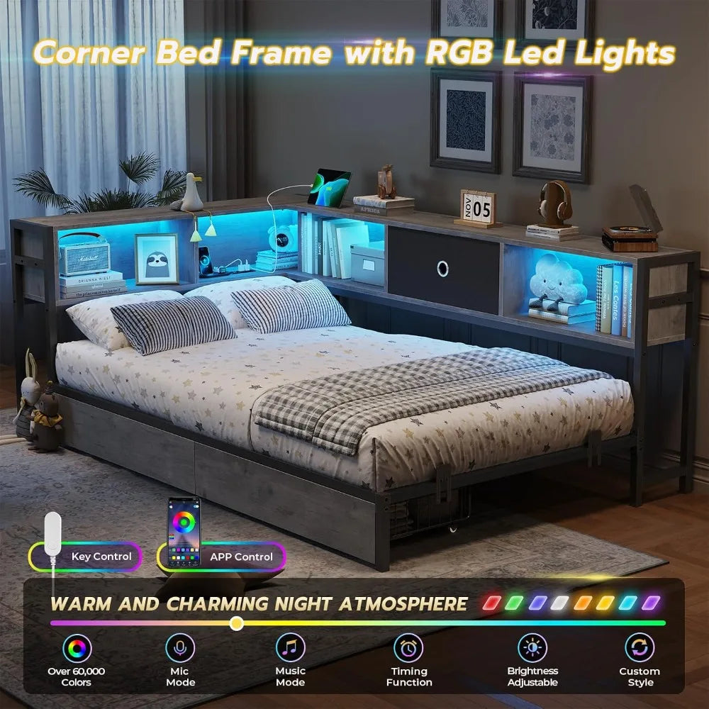 Twin Corner Bed Frame with Bookcase Headboard