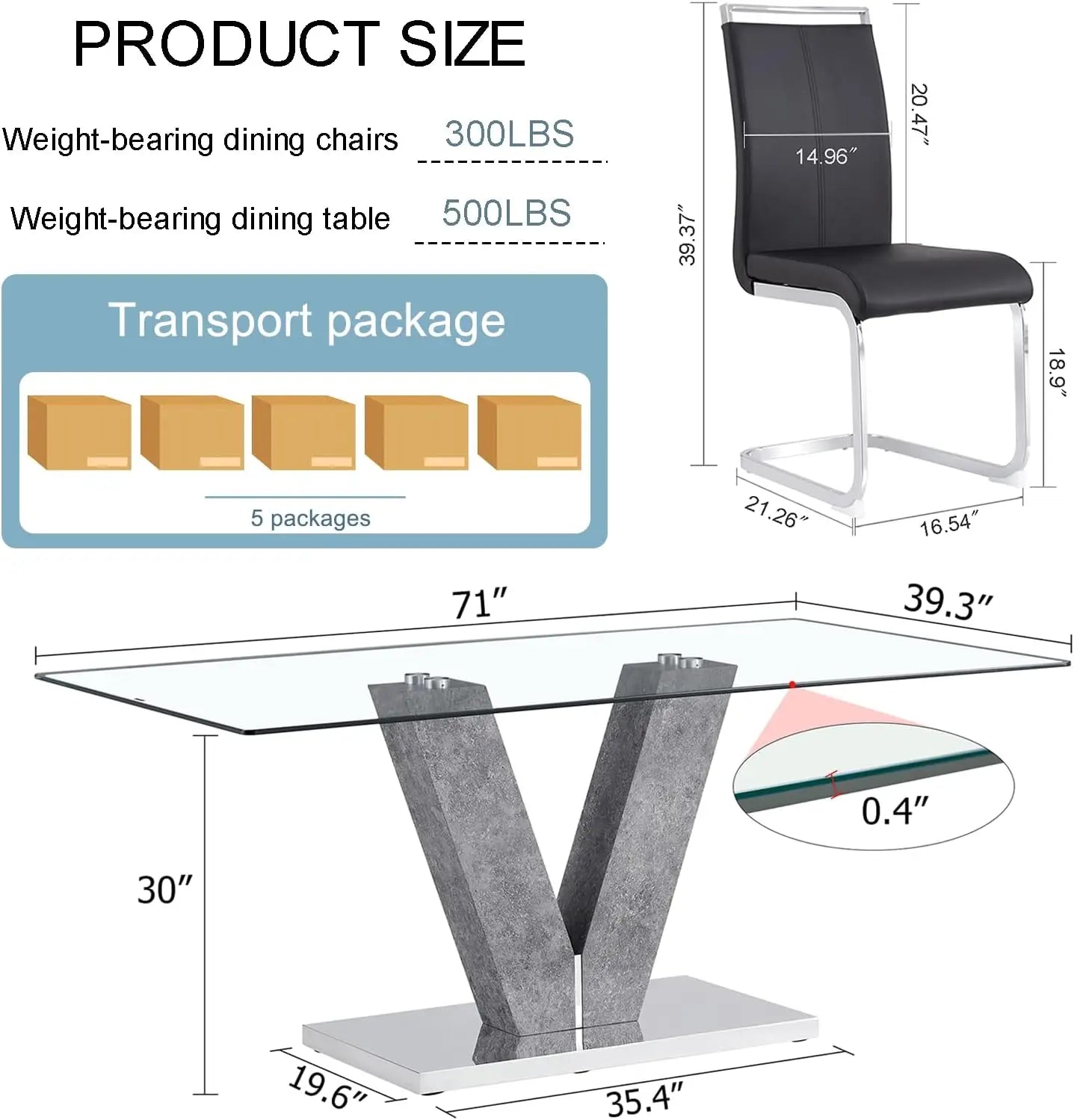 Glass Dining Room Table Set with 6 PU Leather Dining Chairs